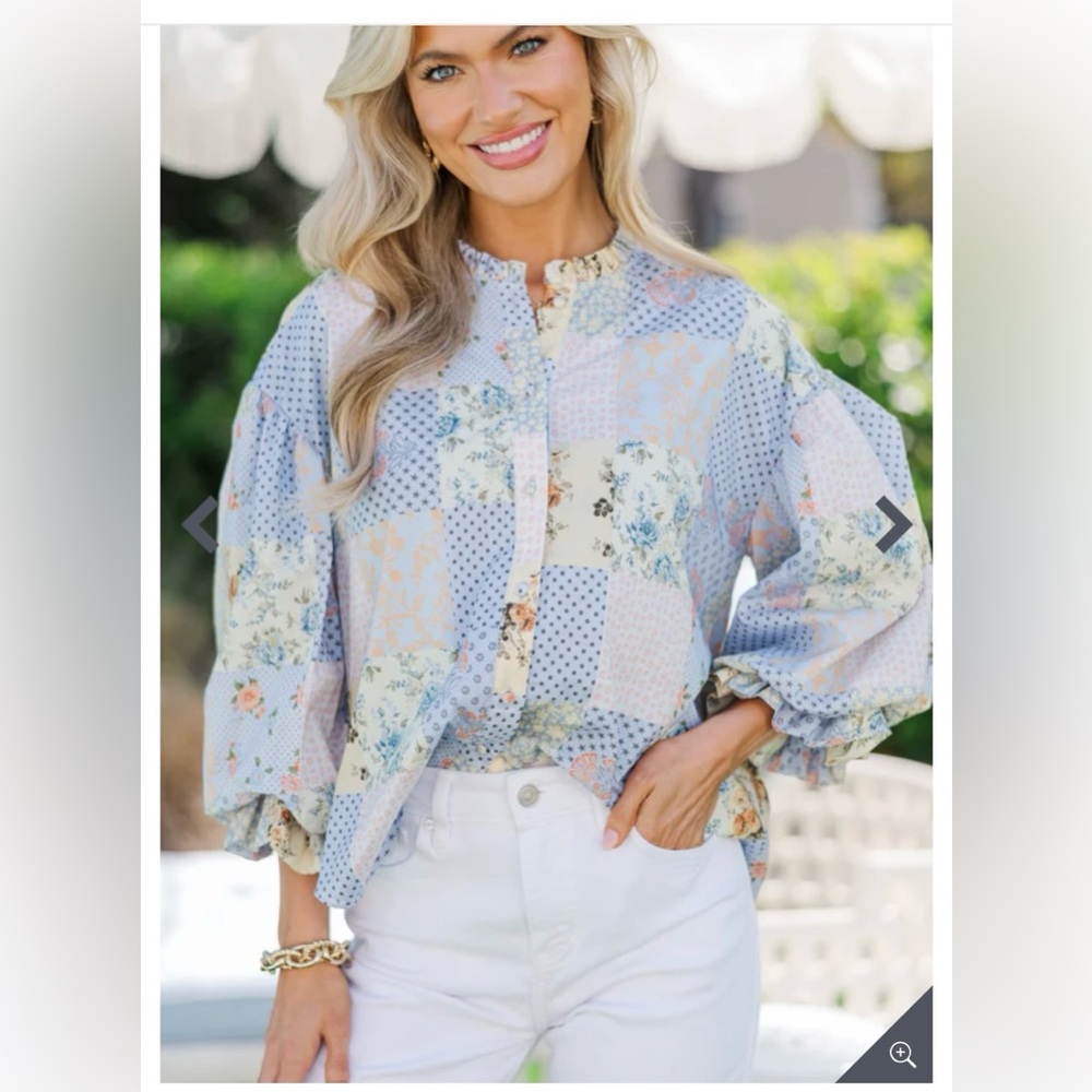 Take Your Turn Light Blue Mixed Print Blouse